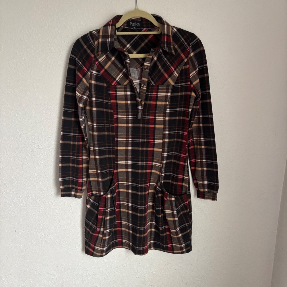 Papillon Plaid Dress Career‎ Casual Long Sleeve Pockets